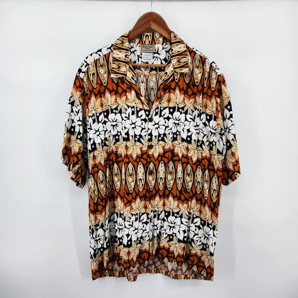 Aloha Hut Hawaii Men's Large Hawaiian Shirt Rayon Surfboards Tropical